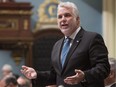 Quebec Premier Philippe Couillard responds to the opposition, May 17, 2016, at the legislature in Quebec City.