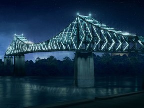 Preliminary conceptual image of the illumination of the Jacques-Cartier bridge, a project designed to celebrate the 150th anniversary of Confederation and Montreal's 375th anniversary.