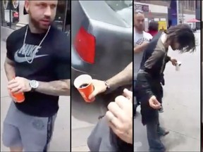 The man seen tossing a soft drink on a homeless man in downtown Montreal in a video that's gone viral since the weekend.