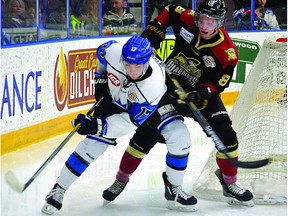 Tyson Jost, in Junior A BCHL action in 2016 against West Kelowna Warriors, had 42 goals and 104 points for the Penticton Vees and was named most valuable player in the BCHL.