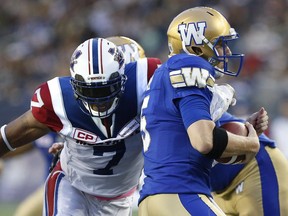 Alouettes rush-end John Bowman recorded two sacks last week against Blue Bombers quarterback Drew Willy in Winnipeg.