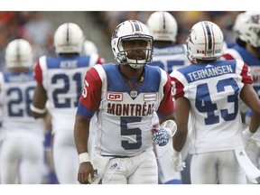 Montreal Alouettes quarterback Kevin Glenn (5) heads off the field during the first half of CFL action against the Winnipeg Blue Bombers in Winnipeg Friday, June 24, 2016.