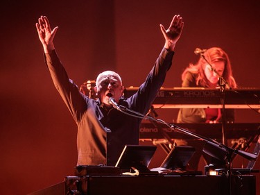 English musician Peter Gabriel performs with Sting, not pictured, at the Bell Centre in Montreal as part of their Rock Paper Scissors tour on Tuesday, July 5, 2016.