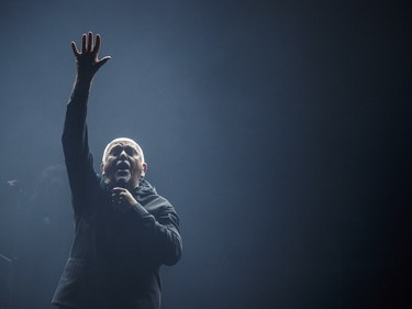 English musician Peter Gabriel performs with Sting, not pictured, at the Bell Centre in Montreal as part of their Rock Paper Scissors tour on Tuesday, July 5, 2016.