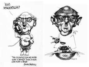 Aislin on his cartoon, left: In 1974, trying to reassure an anxious public, Jean Drapeau was convinced that the Olympic games would eventually pay for themselves. He stated that the games could no more have a deficit than a man could have a baby. Therefore, I drew him on the telephone, calling abortionist Henry Morgentaler. And about the cartoon, right: 1970 saw the awarding of the rights to the 1976 Olympic games to Montreal. Given Jean Drapeau’s expensive projects up until that date, there were those of us who were skeptical about the historical costs associated with the Olympics. Therefore, I drew a gigantic fly crawling out of Jean Drapeau’s celebratory bowl of Olympic soup.