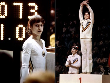 Gold medallist Nadia Comaneci waves on the podium after the Olympic uneven bars event on July 24, 1976, in Montreal. Romanian compatriot Teodora Ungureano won silver.
