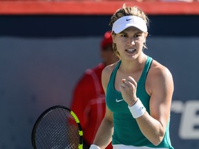 Eugenie Bouchard of Canada celebrates a point against Lucie Safarova of Czech Republic during day two of the Rogers Cup at Uniprix Stadium on July 26, 2016 in Montreal, Quebec, Canada. Eugenie Bouchard defeated Lucie Safarova 3-6, 6-3, 6-7.