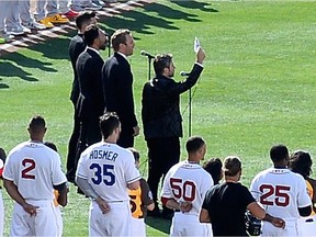 The Tenors, musicians based in British Columbia, perform O Canada prior to the 87th Annual MLB All-Star Game at PETCO Park on July 12, 2016 in San Diego, California. The Tenors changed some of the lyrics of O Canada as they made a political statement.