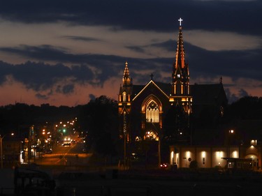 St. Agnès church in Lac Mégantic, Qc. about 250 kms from Montreal Monday, June 27, 2016 with new lighting that was turned on earlier in June. A train carrying cars with crude oil derailed from July 6, 2013 not far from the church. The resulting accident/fire killed 47 people, destroyed much of downtown and polluted the environment. (John Kenney / MONTREAL GAZETTE)