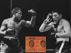 Archie Moore, left, who was an assistant coach with the Nigerian boxing team that boycotted the 1976 Olympics, retains his light-heavyweight title with an 11th-round knockout of Yvon Durelle at The Forum in Montreal on Dec. 10, 1958.
