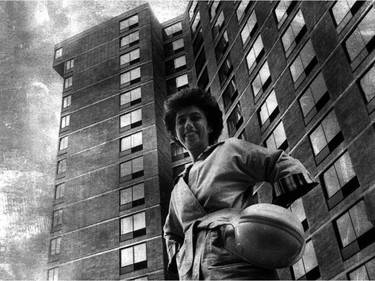 June 1976: Architect Eva Vecsei in front of her project, La Cité, which was completed that year.