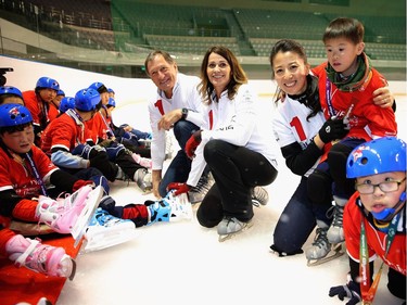 Former speed skater Yang Yang, former Olympic gymnast Nadia Comaneci and and former champion alpine ski racer Franz Klammer visit a Laureus Sport For Good Project at the Feiyang Skating Centre on April 13, 2015 in Shanghai, China. The Laureus Sport for Good Foundation has worked with the Special Olympics in China since 2003. The project will highlight Special Olympics work with young people with intellectual disabilities.