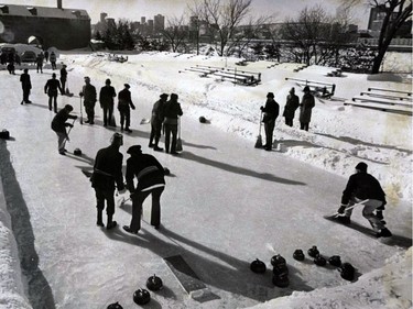 January 1976: Members of the Royal Montreal Curling Club are sweeping it old school by dressing up in old jackets and playing outdoors as they used to for their Saturday matches on St. Helen's Island.