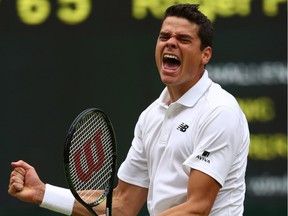 Milos Raonic of Thornhill, Ont., celebrates Wimbledon semifinal win over Roger Federer on July 8, 2016, in London, England.