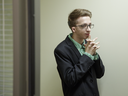 In this July 21, 2016 file photo, Jérémy Gabriel waits to speak to the media in Montreal after the Human Rights Tribunal found comedian Mike Ward guilty of making discriminatory comments against Gabriel and fined him $42,000.