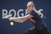 Sixteen year-old Canadian tennis player Charlotte Robillard-Millette hits a return during a practice session ahead of the Rogers Cup Tennis Tournament at Uniprix Stadium in Montreal on Friday, July 22, 2016.