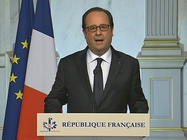 French President Francois Hollande makes a televised address in Paris early Friday July 15, 2016 after a truck drove onto a sidewalk for more than a mile, plowing through Bastille Day revelers who'd gathered to watch fireworks in the French resort city of Nice on Thursday, July 14.
