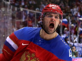 Alexander Radulov #47 of Russia celebrates after scoring a goal in a shoot out against Jan Laco #50 of Slovakia during the Men's Ice Hockey Preliminary Round Group A game on day nine of the Sochi 2014 Winter Olympics at Bolshoy Ice Dome on Feb. 16, 2014 in Sochi, Russia.
