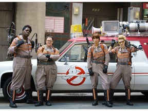 In this image released by Sony Pictures, from left, Leslie Jones, Melissa McCarthy, Kristen Wiig and Kate McKinnon appear in a scene from Ghostbusters.