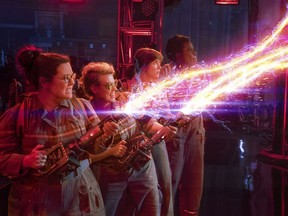 Melissa McCarthy, Kate McKinnon, Kristen Wiig and Leslie Jones appear in a scene from, "Ghostbusters." (Sony Pictures via AP)