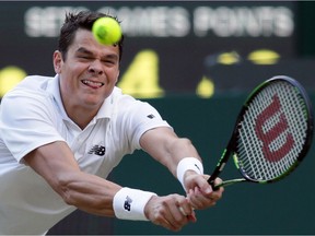 Canada's Milos Raonic returns shot against American Jack Sock during third-round action at Wimbledon on July 2, 2016. The Thornhill, Ont., native won the match 7-6, 6-4, 7-6.