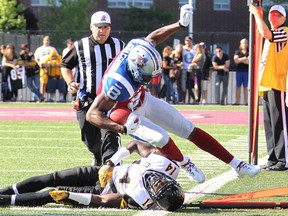 Montreal Alouettes' Kenny Stafford, going out of bounds over Tiger-Cats' James Rogers in 2014, sustained a broken toe last week and will be sidelined for at least six games, the team announced on Thursday.