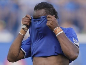 Montreal Impact forward Didier Drogba reacts after missing a free kick against New York City FC during the first half of their MLS soccer match at Saputo Stadium in Montreal on Sunday, July 17, 2016.