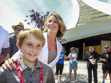 Nadia Comaneci visits the Olympic Park with her son Dylan to mark the 40th anniversary of the 1976 Olympc Games in Montreal Thursday July 21, 2016. (John Mahoney} / MONTREAL GAZETTE) ORG XMIT: 56717 - 3991