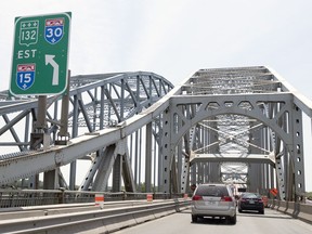 Traffic slows on the Mercier Bridge in Montreal in 2016 as construction forced traffic onto one lane in either direction.