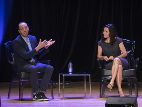 Julia Louis-Dreyfus listens to Tony Hale during An Evening with the Cast of Veep at the Maison Symphonique during Just for Laughs in Montreal, July 27, 2016.