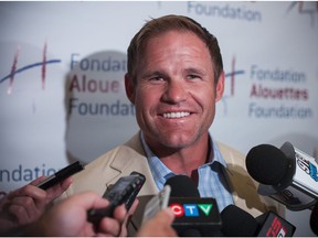 Former Alouettes slotback Ben Cahoon addresses the media at a cocktail at Club Sportif MAA, honouring the retirement of his number, in Montreal, Thursday July 28, 2016.
