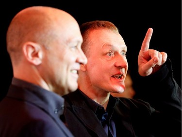 Mike Judge, left, and Alec Berg tell a joke during the red carpet arrival for the Just For Laughs Awards Show in Montreal on Friday, July 29, 2016. Judge and Berg won comedy writer of the year.