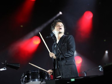 Jamie Cullum at the drums during the second of three big free outdoor blowout concerts at the Montreal International Jazz Festival at the Place des Festivals on July 4, 2016.