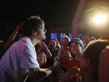 Jamie Cullum joined the fans during the second of three big free outdoor blowout concerts at the Montreal International Jazz Festival on July 4, 2016.
