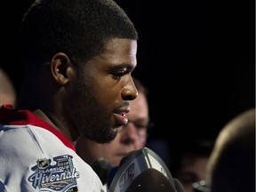 Former Montreal Canadiens defenceman P.K. Subban speaking to the media while wearing the Canadiens jersey for the 2016 Bridgestone NHL Winter Classic in Montreal on Friday November 6, 2015.