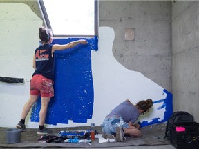Painters get started on a $25,000 mural at Valois train station in Pointe-Claire in July 2016. Photo by OLIVIER BOUSQUET