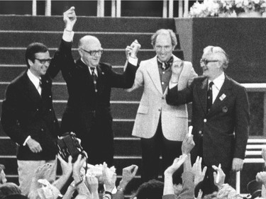 From left: Robert Bourassa, then-premier of Quebec, then-mayor Jean Drapeau, then-Prime Minister Trudeau Prime Minister of Canada and Roger Rousseau, then-president of COJO during closing ceremonies at the 1976 Olympic Summer Games in Montreal.