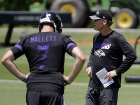 Baltimore Ravens offensive coordinator Marc Trestman, right, is seen past quarterback Ryan Mallett as he watches an NFL football practice at the team's practice facility in Owings Mills, Md., Tuesday, June 7, 2016.