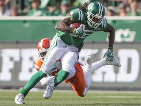 Roughriders wide-receiver Naaman Roosevelt runs after a catch against the B.C. Lions during first half CFL action in Regina on Saturday, July 16th, 2016.