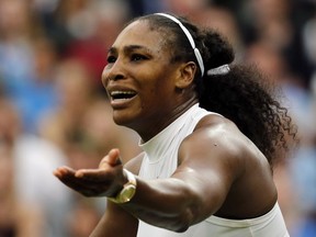 Serena Williams of the U.S reacts as she misses a shot against Christina McHale of the US during their women's single match on day five of the Wimbledon Tennis Championships in London, Friday, July 1, 2016.