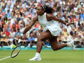 Serena Williams of the U.S returns to Angelique Kerber of Germany during the women's singles final at Wimbledon on  July 9, 2016.