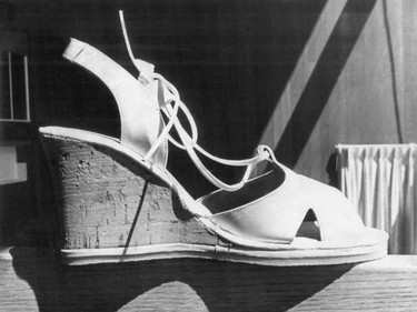May 1976: This summer shoe, with a wedged heel made of cork, retails for $30.