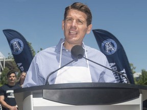 Toronto Argonauts President and CEO Michael Copeland speaks during an announcement by the Toronto Argonauts regarding game day experience for upcoming games at BMO Field in Toronto on Wednesday, June 1, 2016.