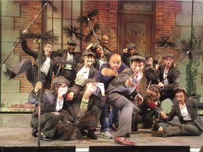 West Island choreographer Steve Bolton, pictured centre in blue T-shirt, adds a modern edge to the Step in Time chimney sweep routine in the musical Mary Poppins. Photo courtesy of Steve Bolton