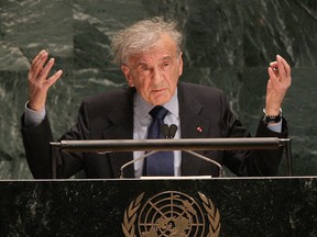 This Jan. 24, 2005 photo, shows Elie Wiesel addressing the United Nations General Assembly  in New York.