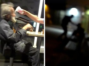 Two videos uploaded to Facebook show a teenage boy pouring a drink on the face of a homeless man and apparently slapping another one in the face.