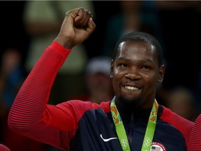 RIO DE JANEIRO, BRAZIL - AUGUST 21:  Gold medalist Kevin Durant of the United States poses for a photo following the Men's Gold medal game on Day 16 of the Rio 2016 Olympic Games at Carioca Arena 1 on August 21, 2016 in Rio de Janeiro, Brazil.  (Photo by Elsa/Getty Images) ORG XMIT: 610602361