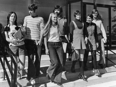 1971: Kim Seary, Ken Lowe, Sally Hooker, Richard Carriere, Ruth Berniquer, Louise Forget, Yvan Proulx at their school in Lachute, Que. Long hair, bell-bottom pants and jumpers are popular.