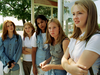 1996: Cindy Lewis, Jenn Moldovan, Sunny Aujula, Maureen McNair and Jenn Williamson, all John Rennie High School students, describe first day of school with students from École Secondaire Pointe Claire. A bit of a denim theme going on here and no bangs in sight.