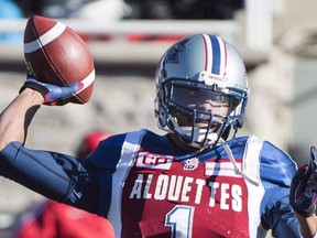 Alouettes quarterback Brandon Bridge throws a pass during CFL game against the Saskatchewan Roughriders at Montreal's Molson Stadium on Nov. 8, 2015.